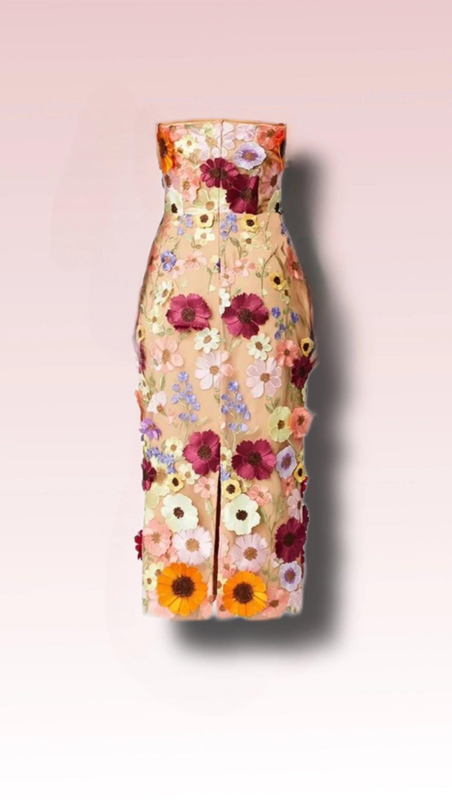 Strapless Wildflower Midi Dress - Chic 3D Floral Cocktail Attire or Wedding Guest Dress