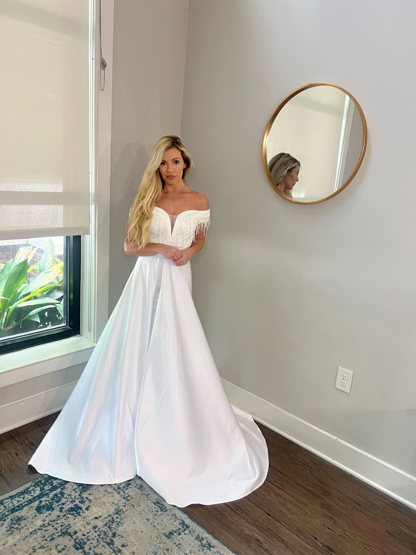 Appliques and Lace Deep V Wedding Dress with Off Shoulder Sleeves and Removable Satin Train Two Piece Set
