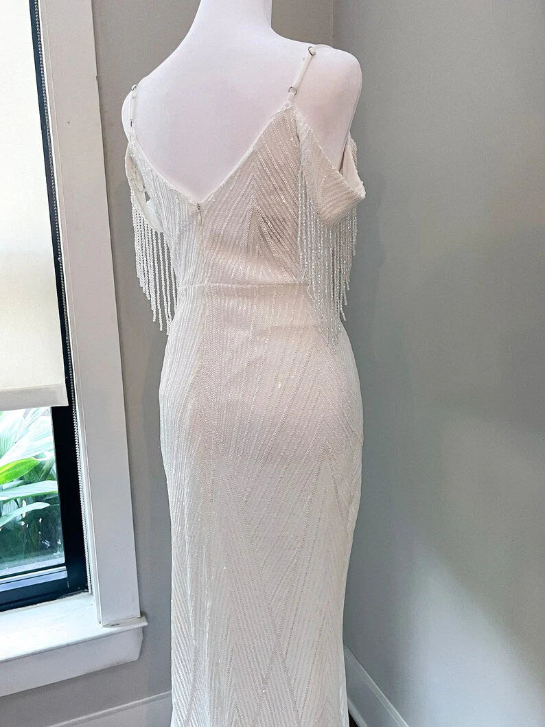 Sequin Off Shoulder Trumpet Wedding Dress with Removable Satin Train
