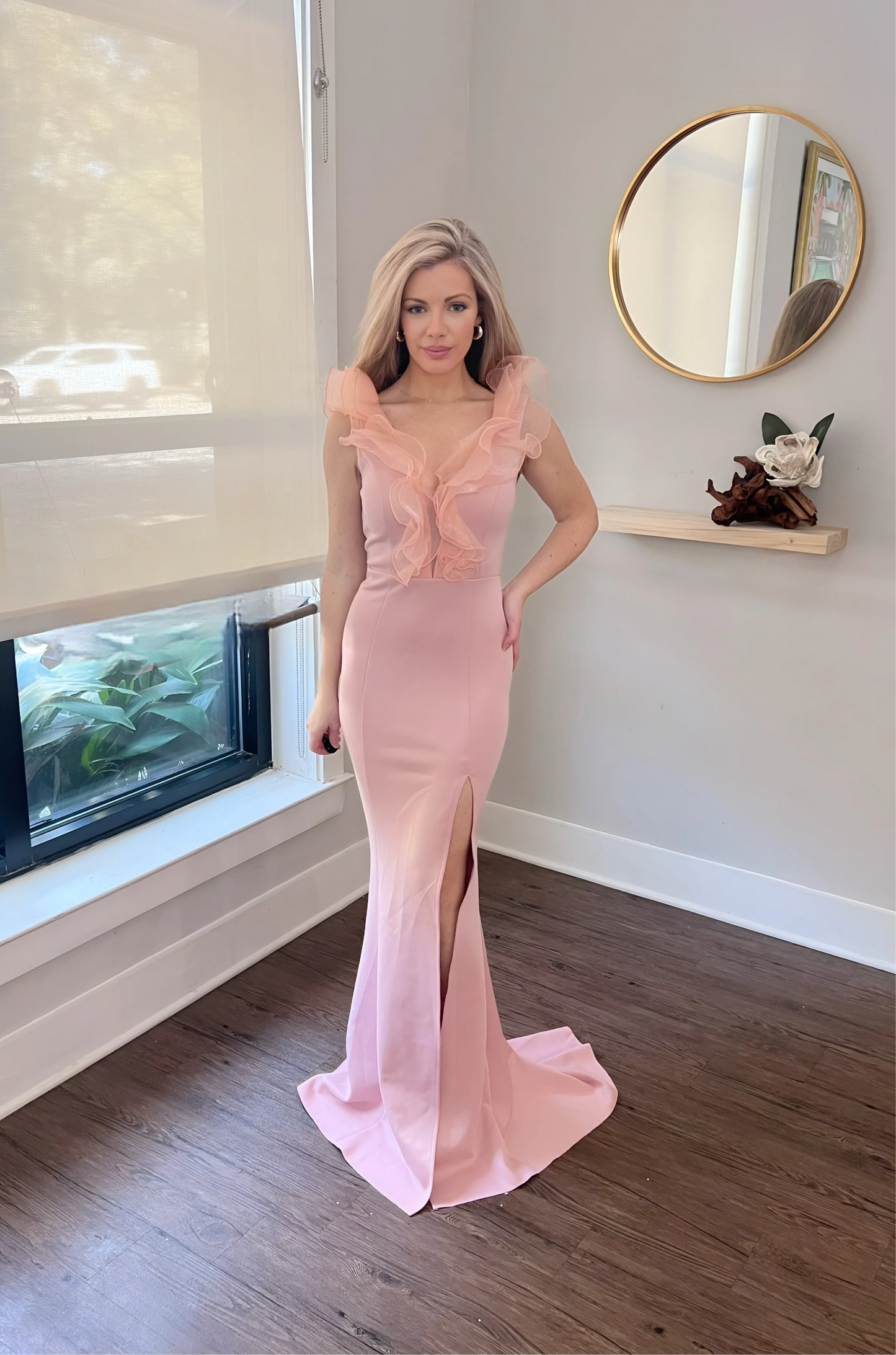 Mauve Ruffle Deep V-Neck Bridesmaid Dress