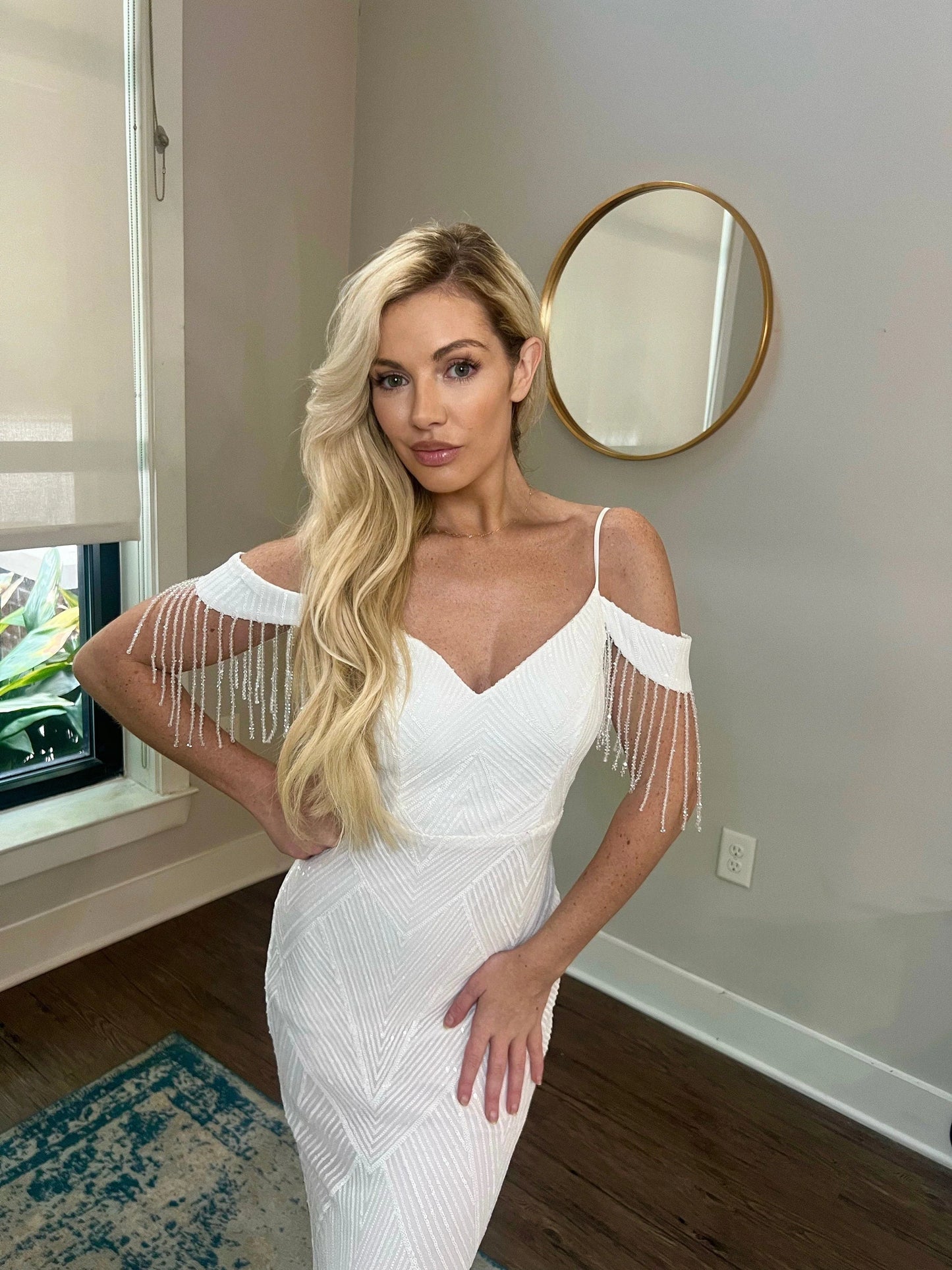 Sequin Off Shoulder Trumpet Wedding Dress with Removable Satin Train
