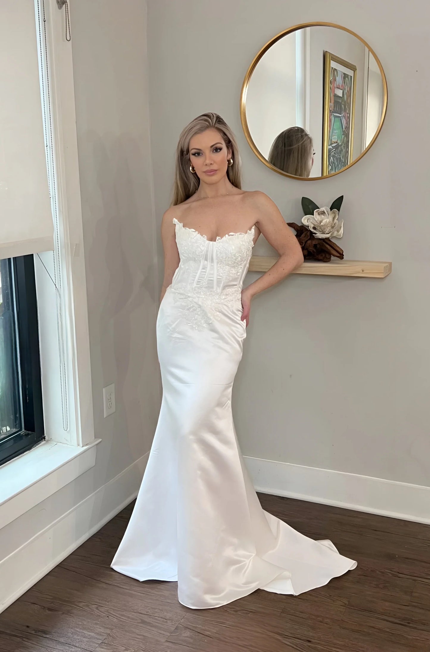 Fitted Satin Wedding Dress with Lace Appliques and Sweetheart Neckline