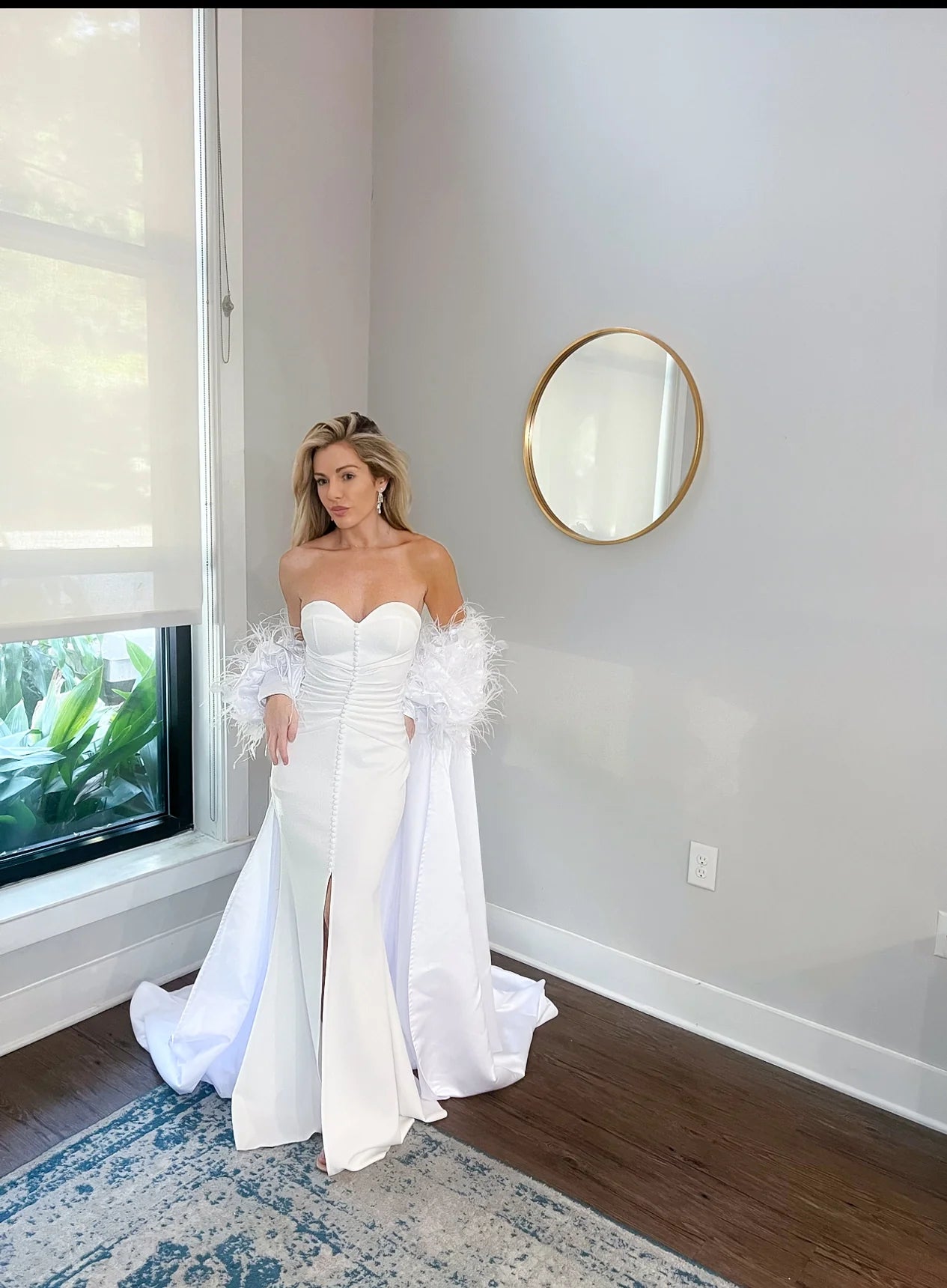 Luxurious Off-Shoulder Cathedral Length Wedding Jacket: Ostrich Feathers & Pearl Sleeves