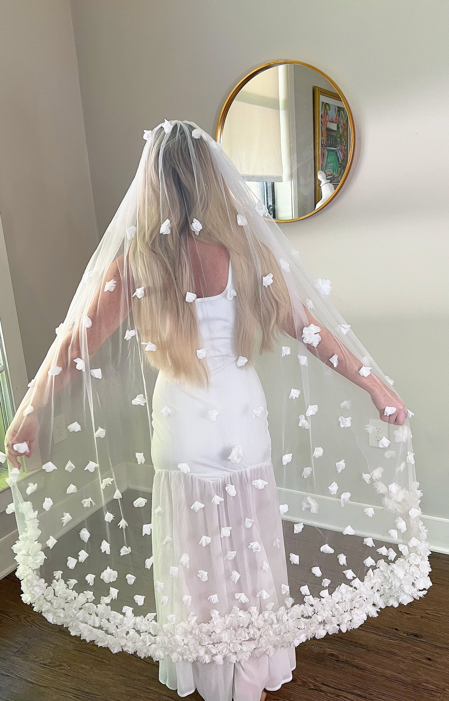 Whimsical Romantic Garden Party 3D White Flower Appliqués Waltz Length Bridal Veil