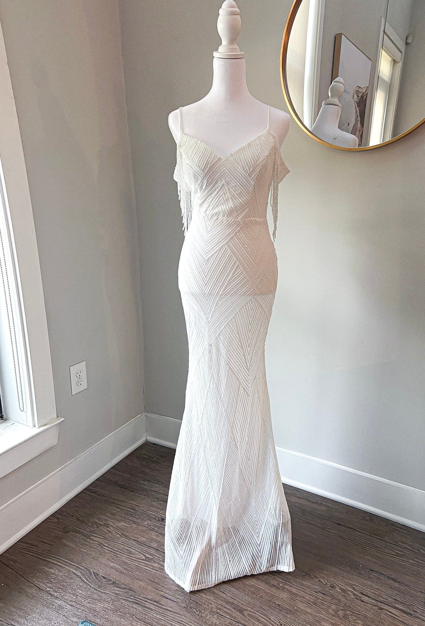 Sequin Off Shoulder Trumpet Wedding Dress with Removable Satin Train