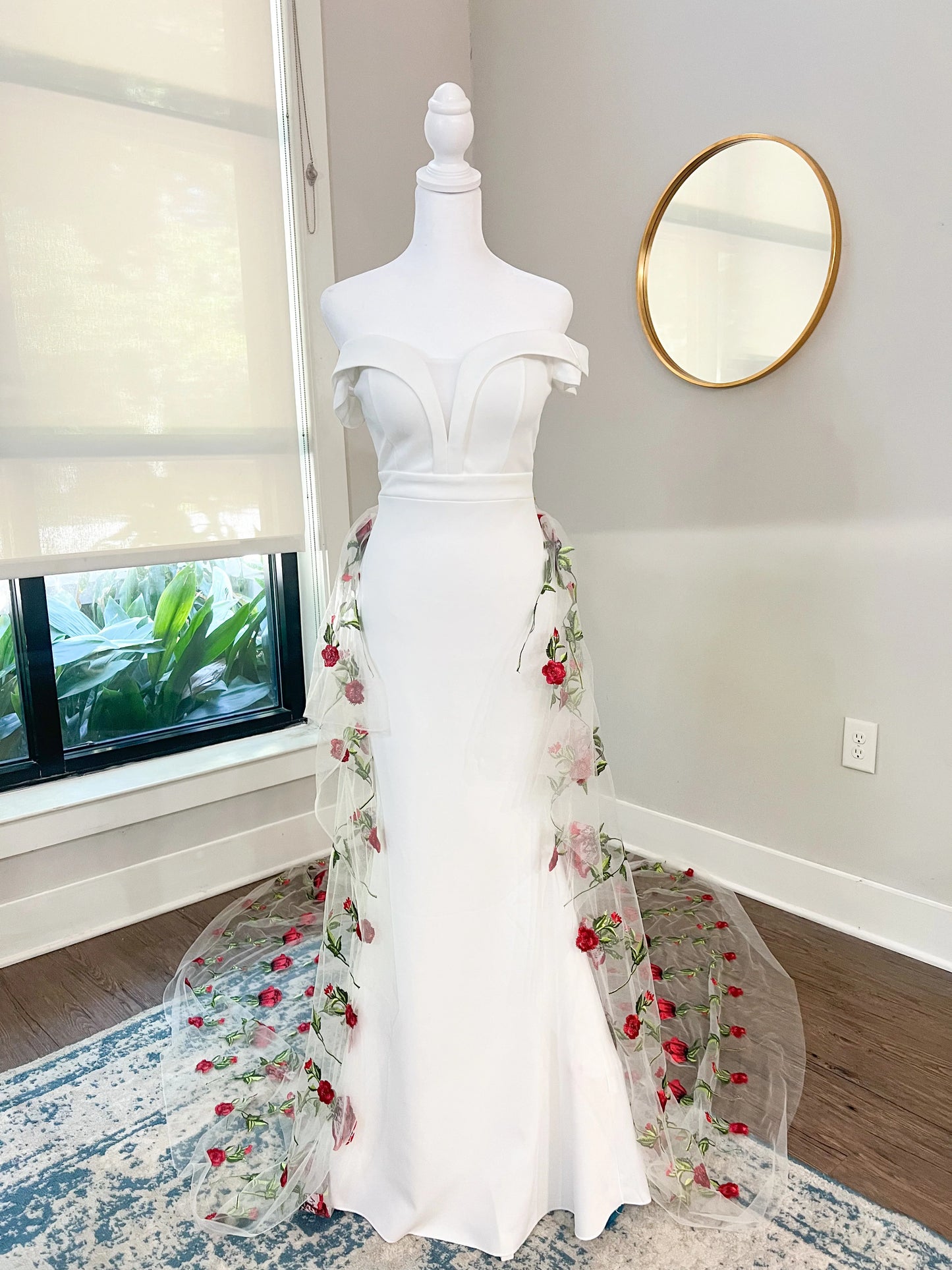 Red Roses Floral Embroidered Detachable Wedding Train with or without Bow