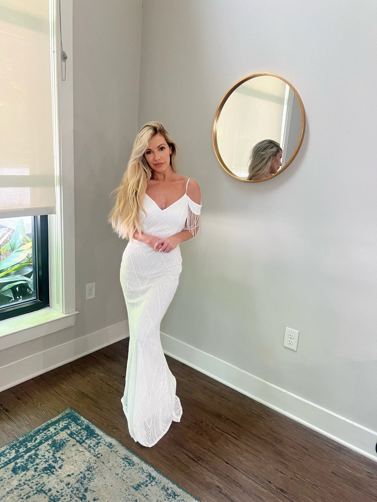 Sequin Off Shoulder Trumpet Wedding Dress with Removable Satin Train