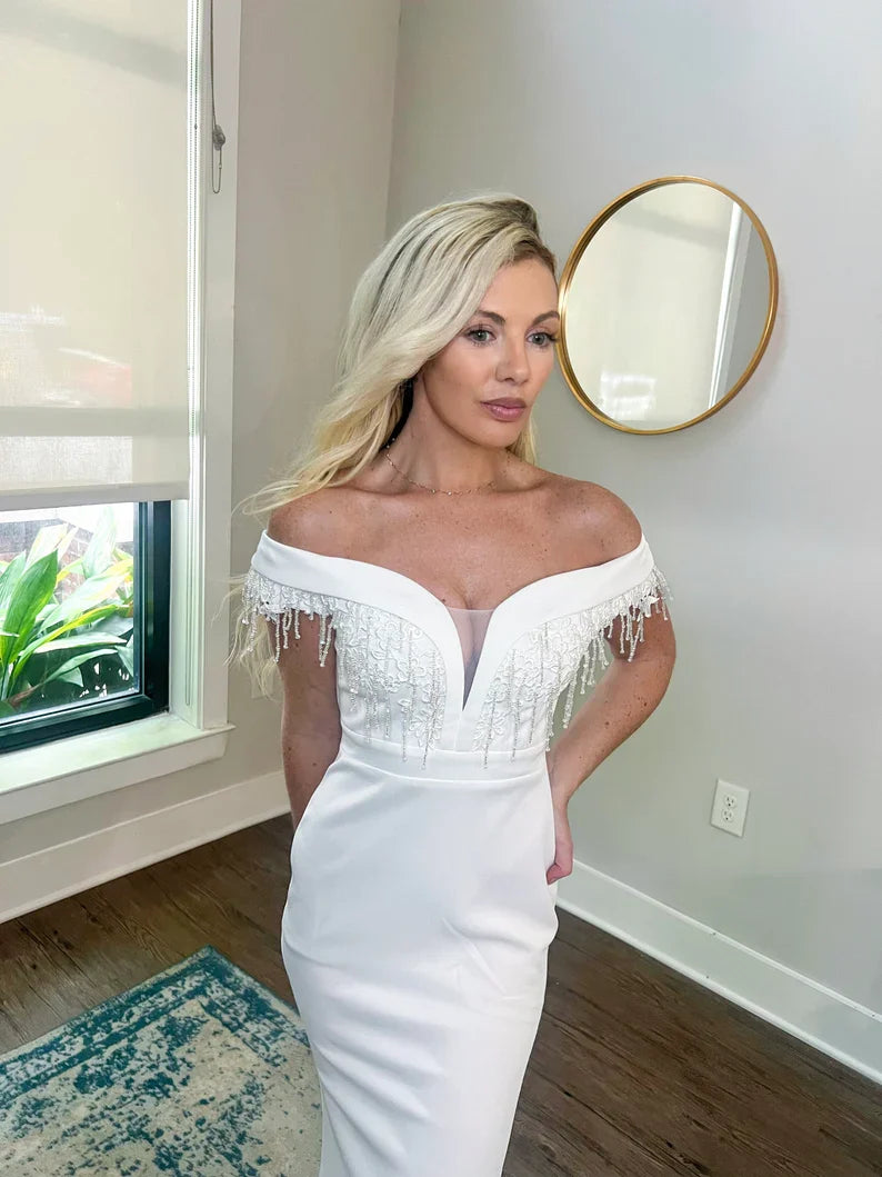 Appliques and Lace Deep V Wedding Dress with Off Shoulder Sleeves and Removable Satin Train Two Piece Set