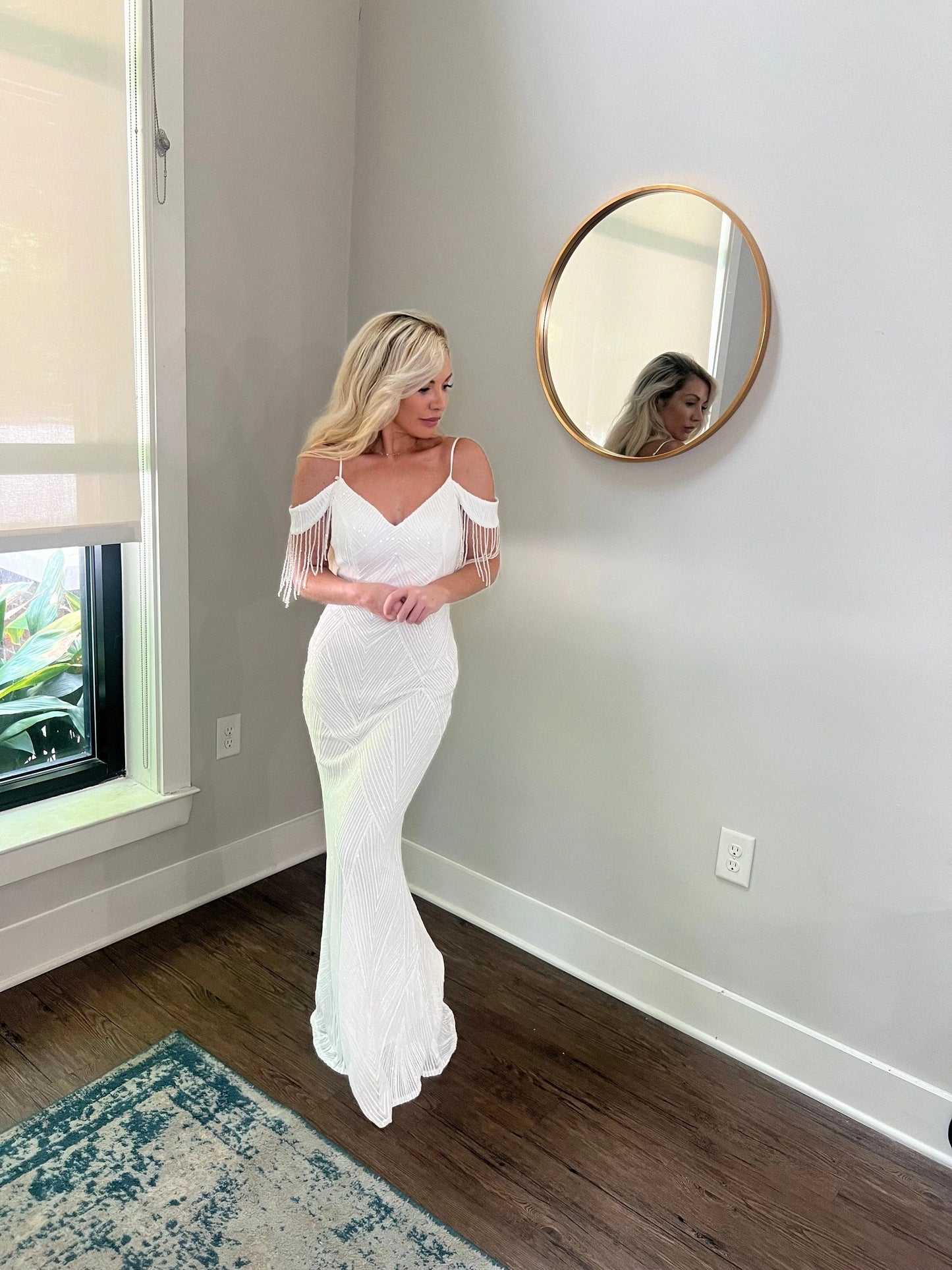 Sequin Off Shoulder Trumpet Wedding Dress with Removable Satin Train