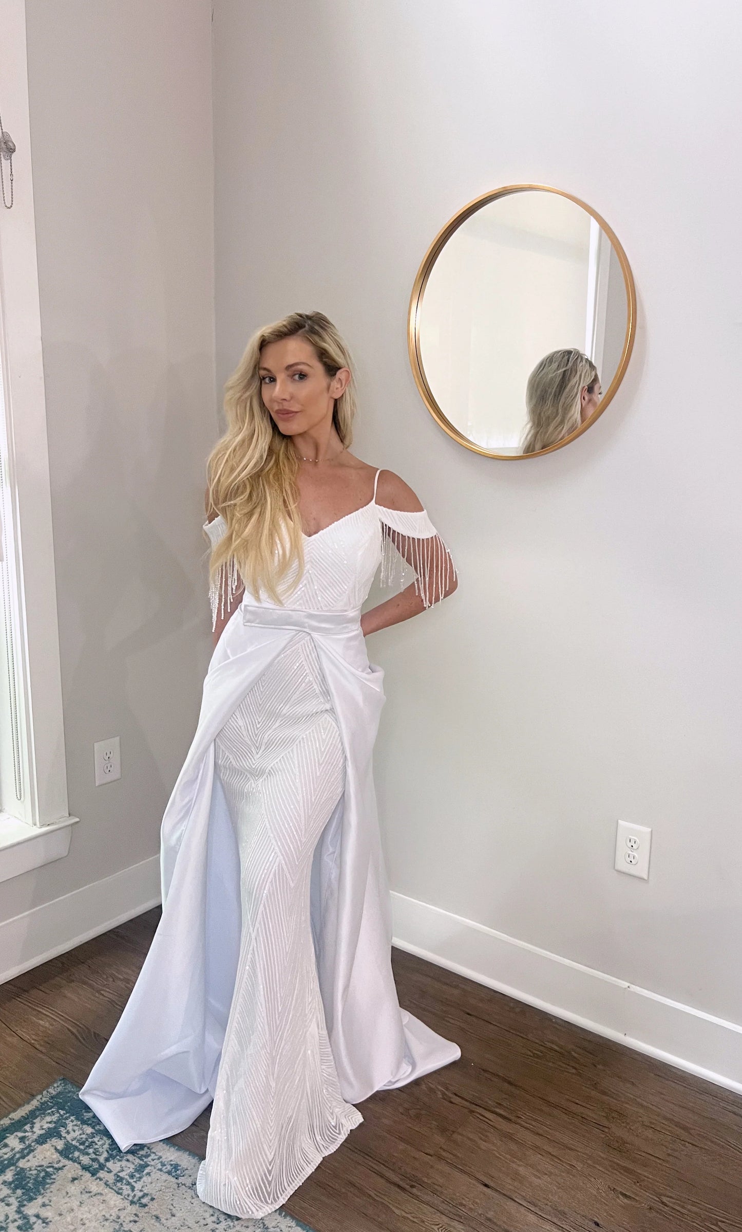 Sequin Off Shoulder Trumpet Wedding Dress with Removable Satin Train