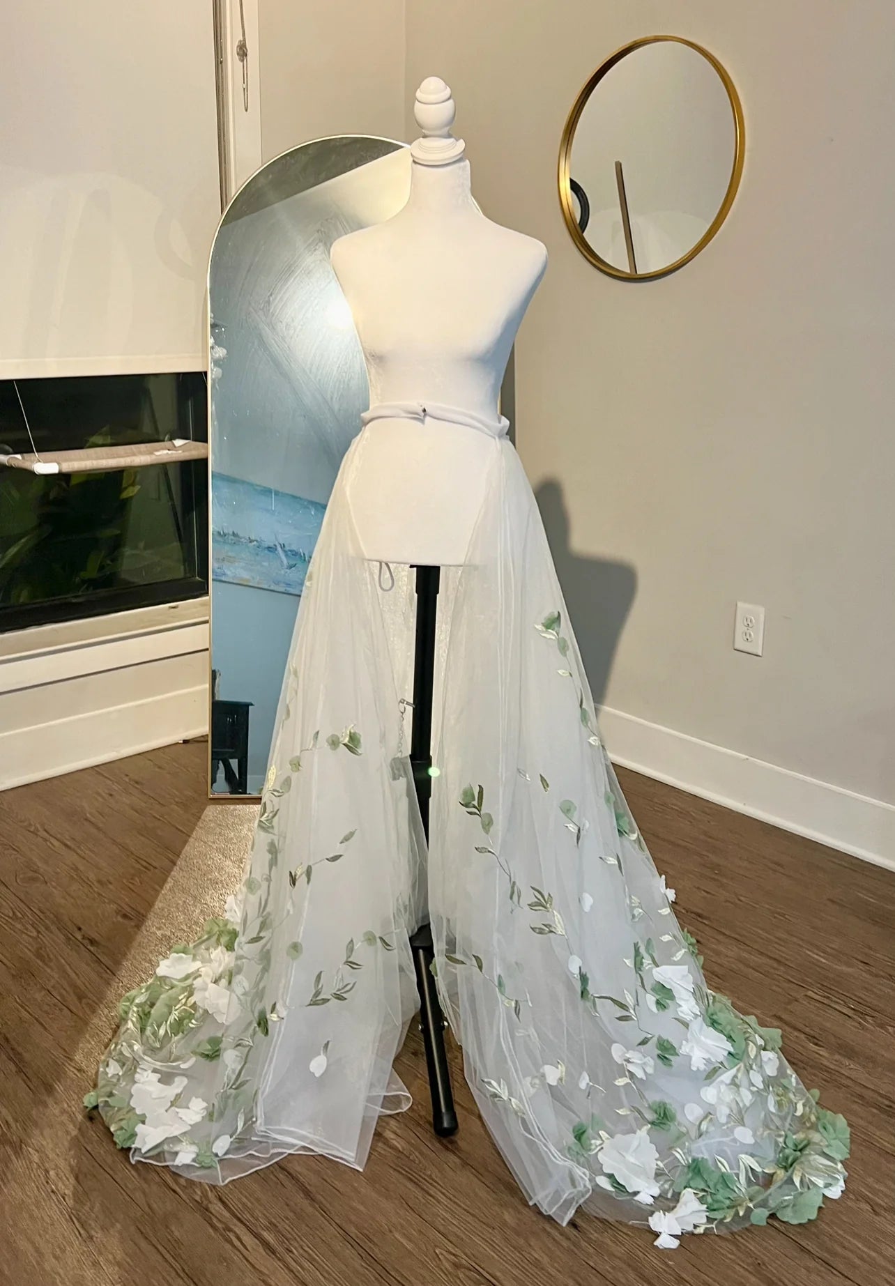3D Green and White Garden Party Floral Appliqués Detachable Tulle Wedding Train Bridal Overskirt