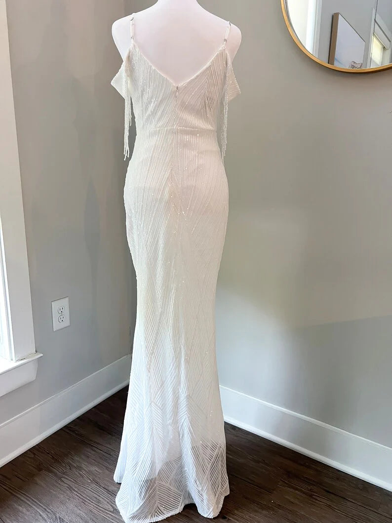 Old Hollywood Beaded Sequin Off Shoulder Trumpet Wedding Dress