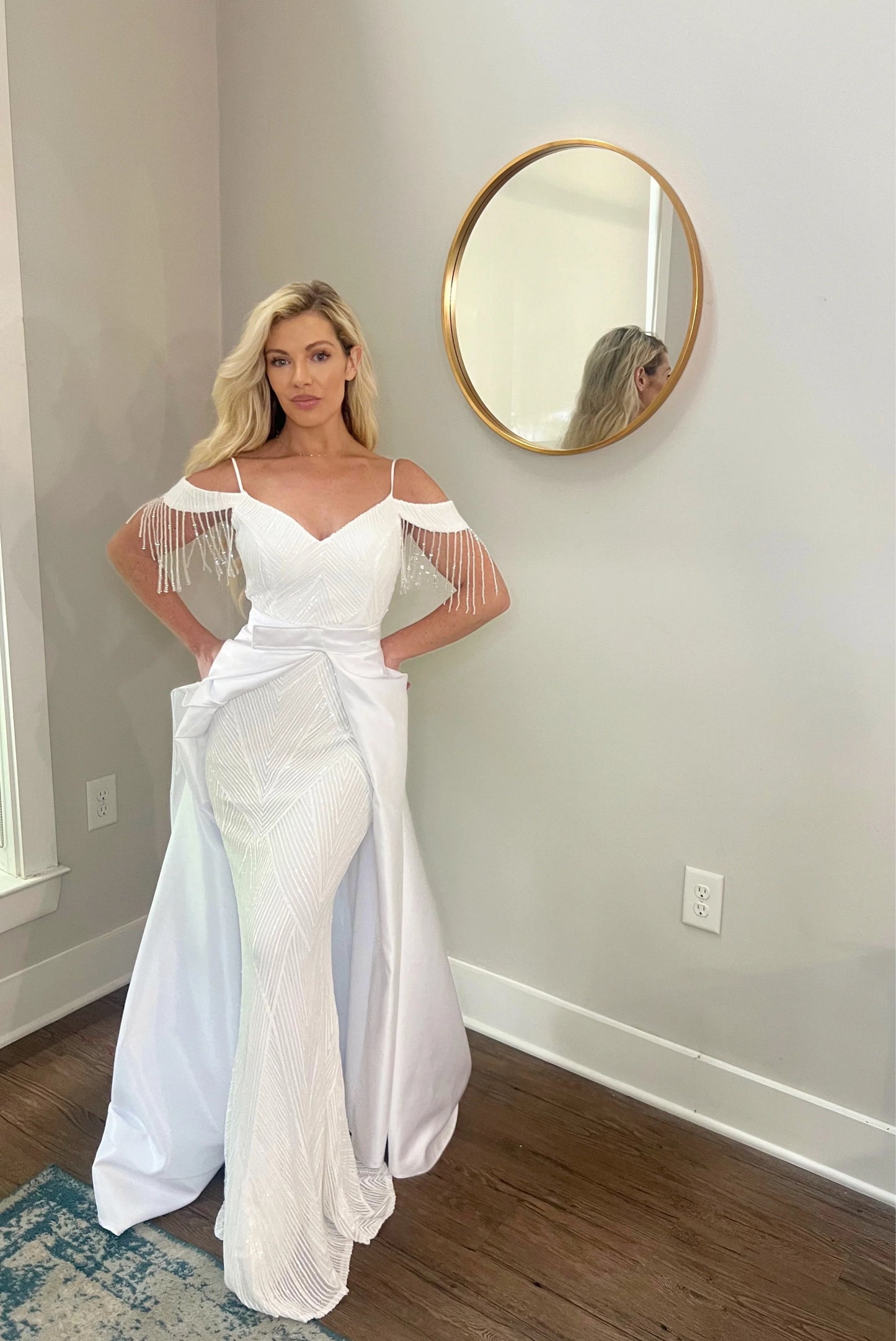 Sequin Off Shoulder Trumpet Wedding Dress with Removable Satin Train