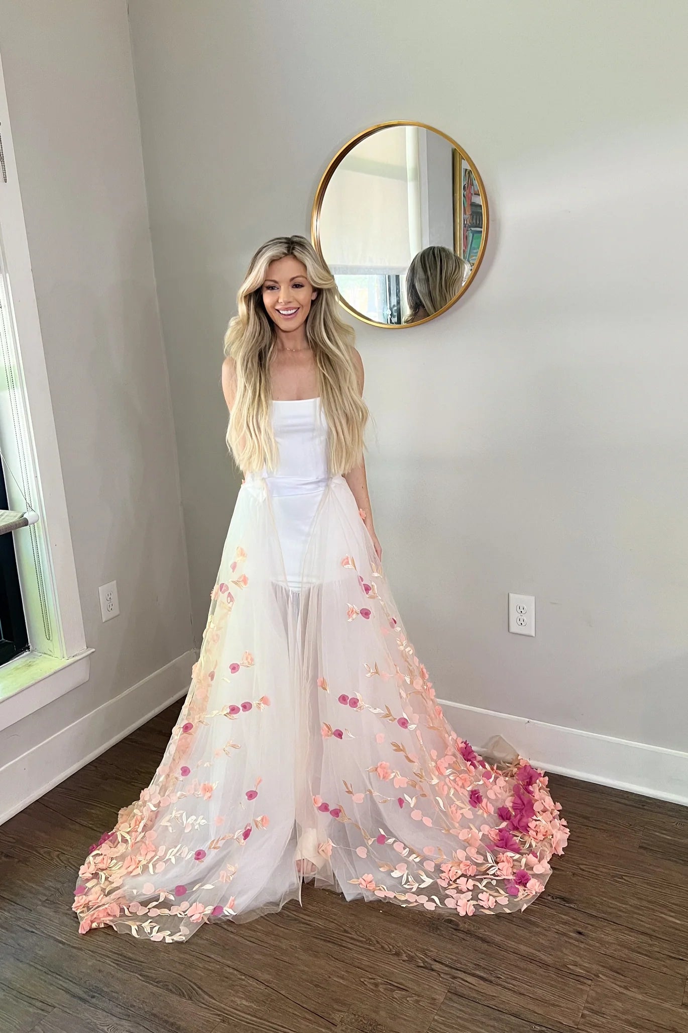 Romantic Pink Ombre Flowers Detachable Tulle Wedding Train Bridal Overskirt