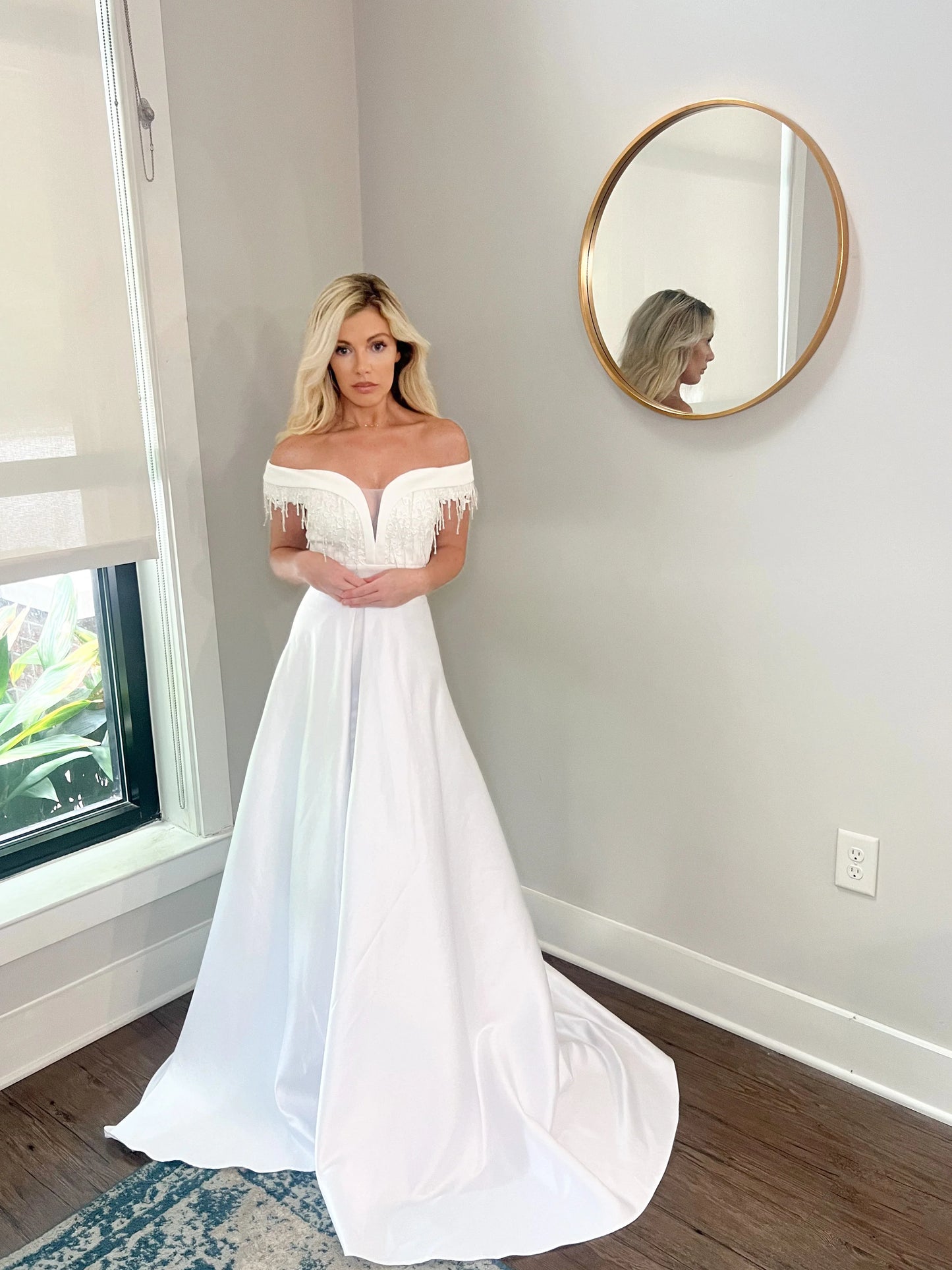 Appliques and Lace Deep V Wedding Dress with Off Shoulder Sleeves and Removable Satin Train Two Piece Set