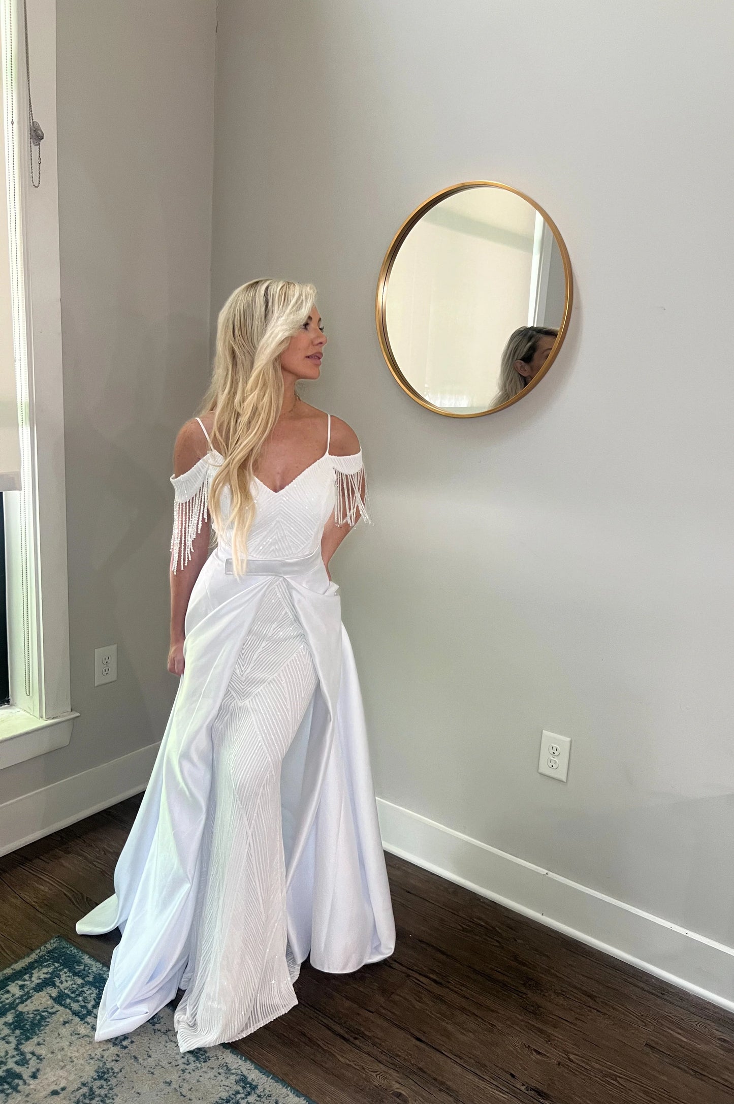 Sequin Off Shoulder Trumpet Wedding Dress with Removable Satin Train