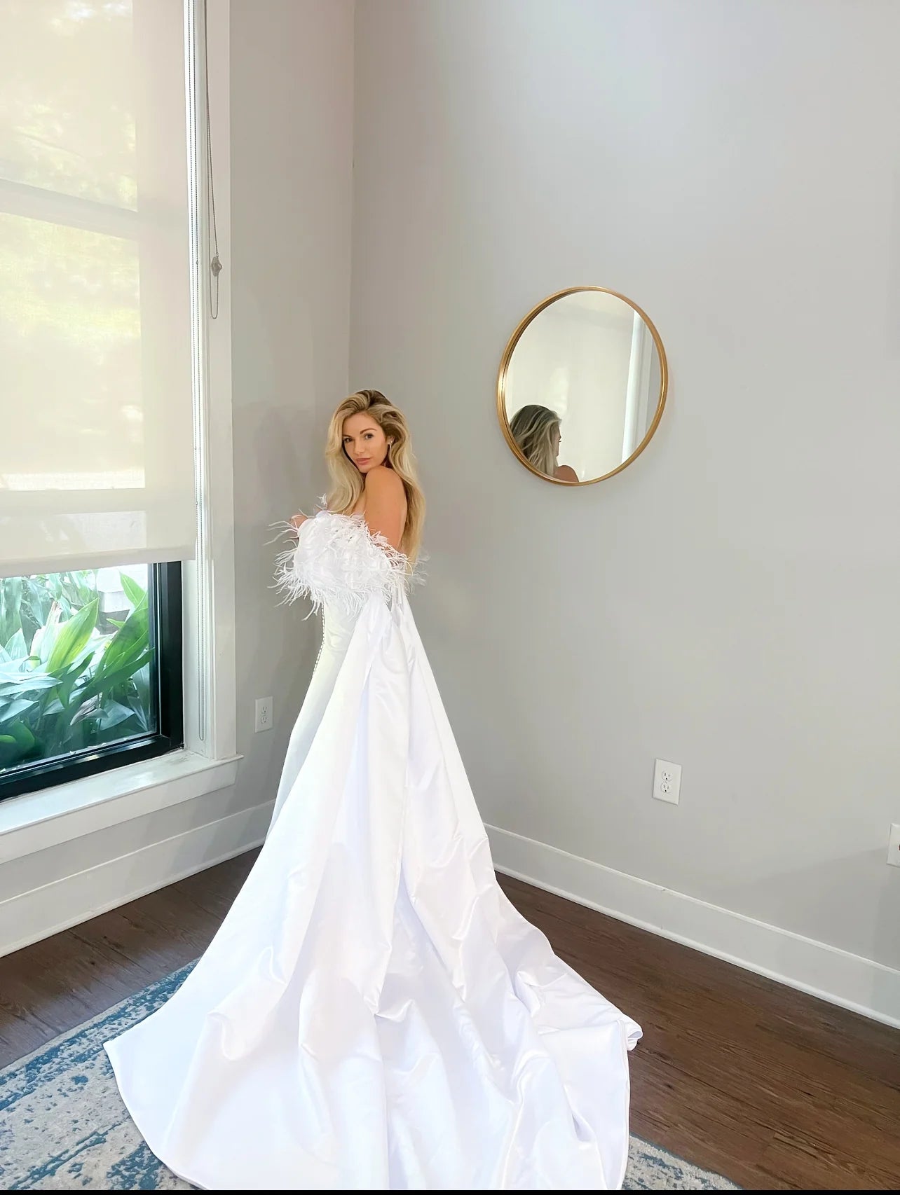 Luxurious Off-Shoulder Cathedral Length Wedding Jacket: Ostrich Feathers & Pearl Sleeves