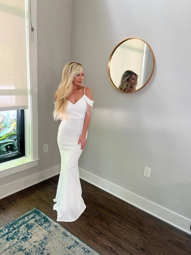 Sequin Off Shoulder Trumpet Wedding Dress with Removable Satin Train