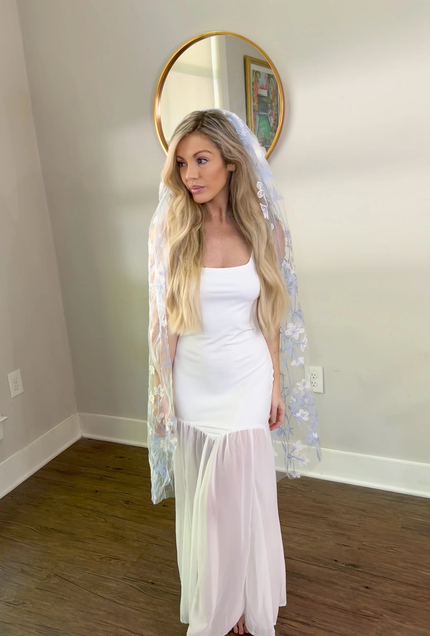 Ethereal Blue and White Blossom Flowers Finger Tip Spring Summer Bridal Veil