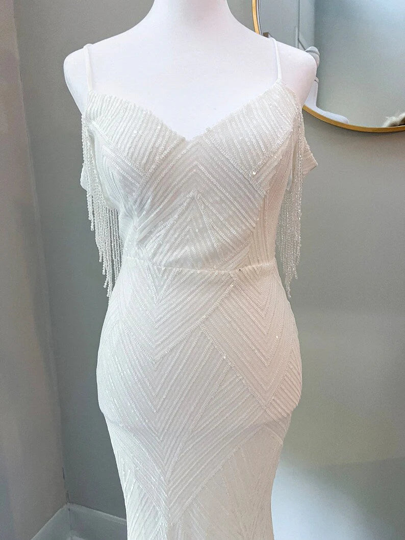 Sequin Off Shoulder Trumpet Wedding Dress with Removable Satin Train