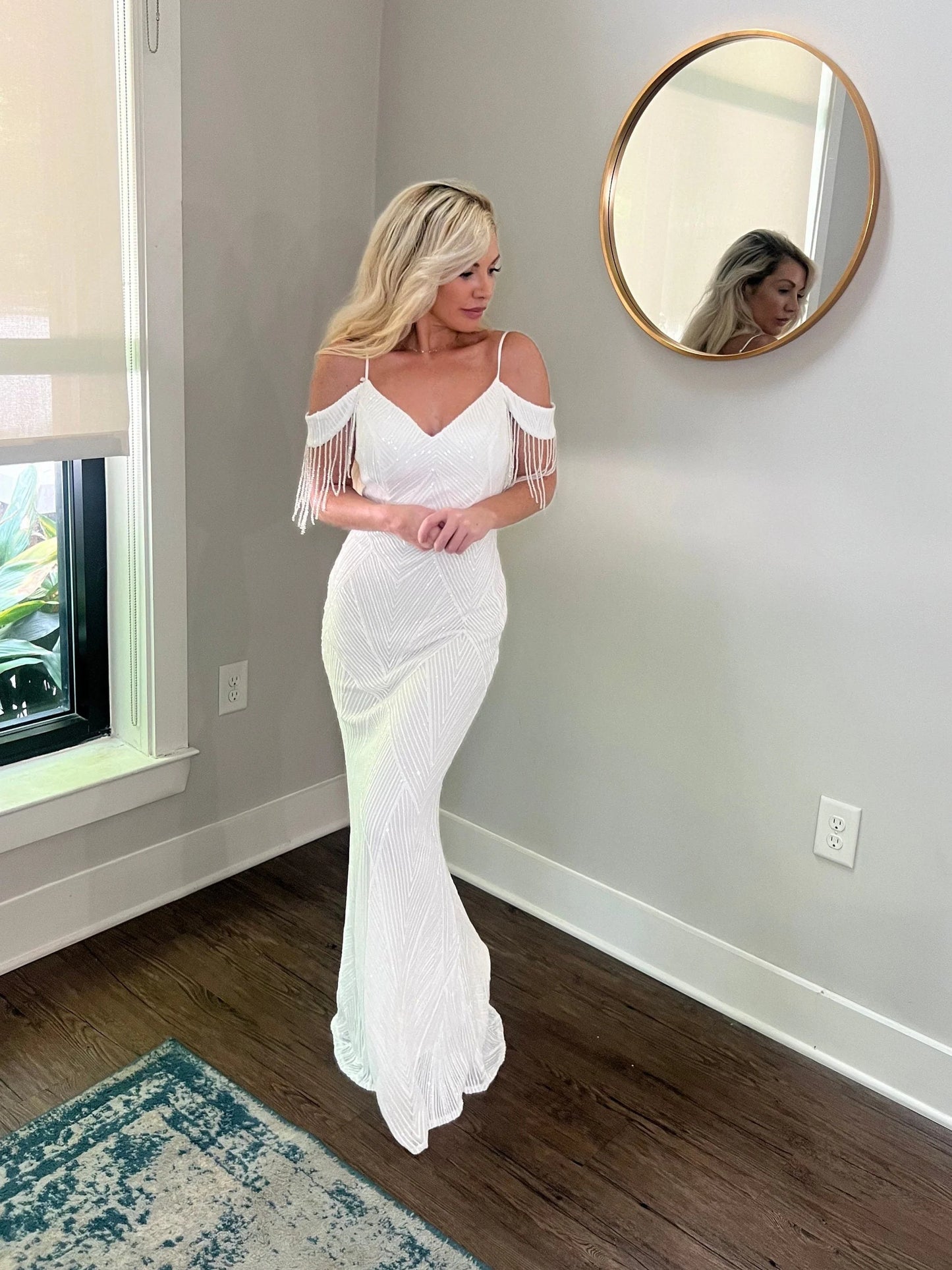 Old Hollywood Beaded Sequin Off Shoulder Trumpet Wedding Dress