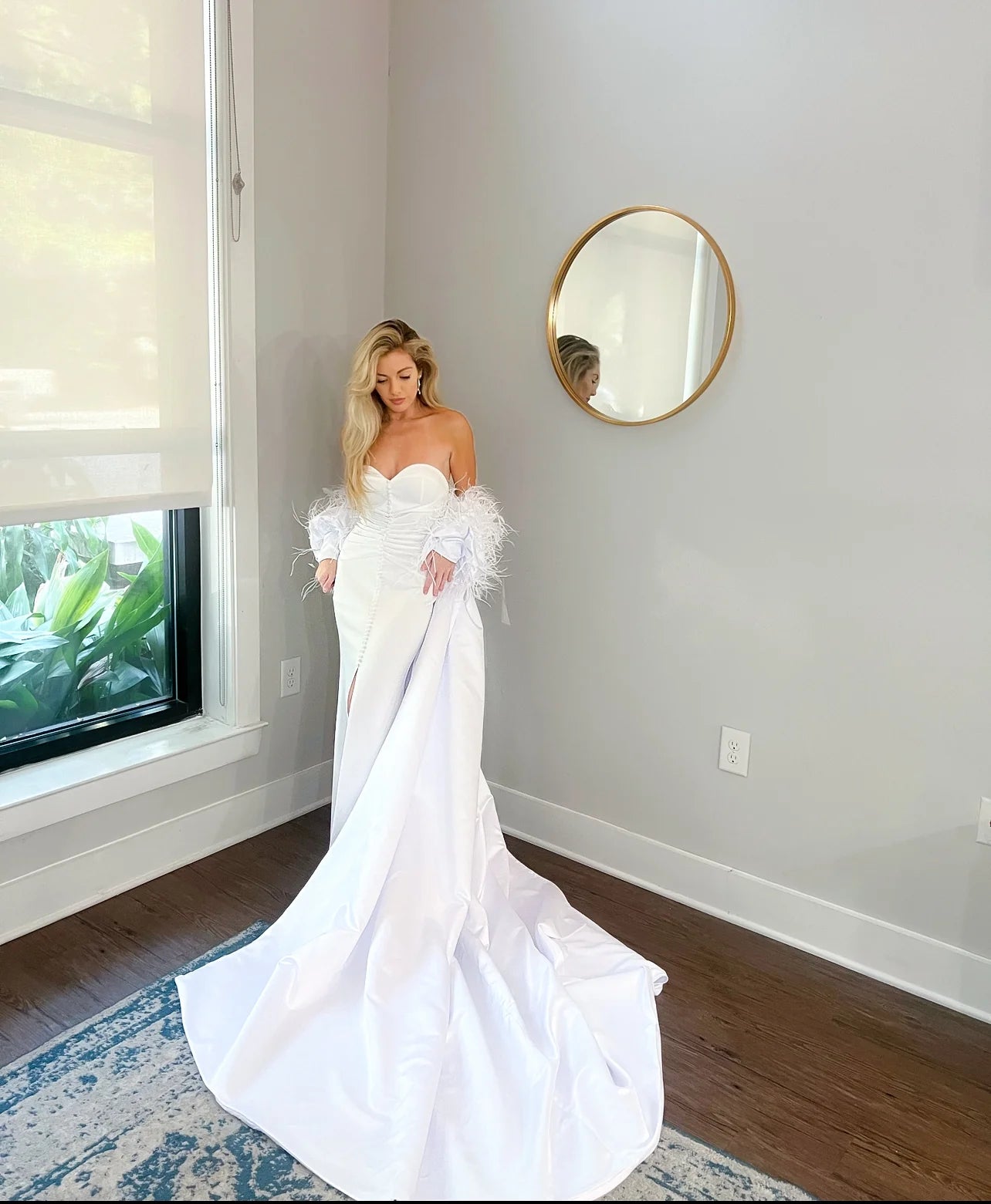 Luxurious Off-Shoulder Cathedral Length Wedding Jacket: Ostrich Feathers & Pearl Sleeves