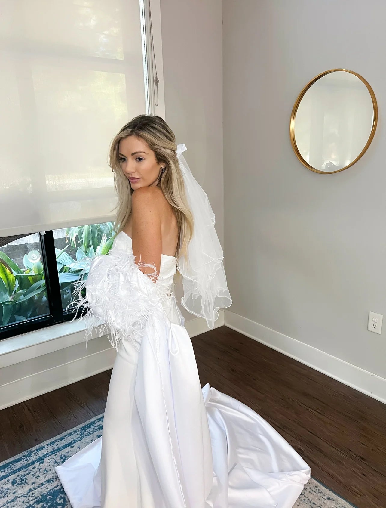 Luxurious Off-Shoulder Cathedral Length Wedding Jacket: Ostrich Feathers & Pearl Sleeves