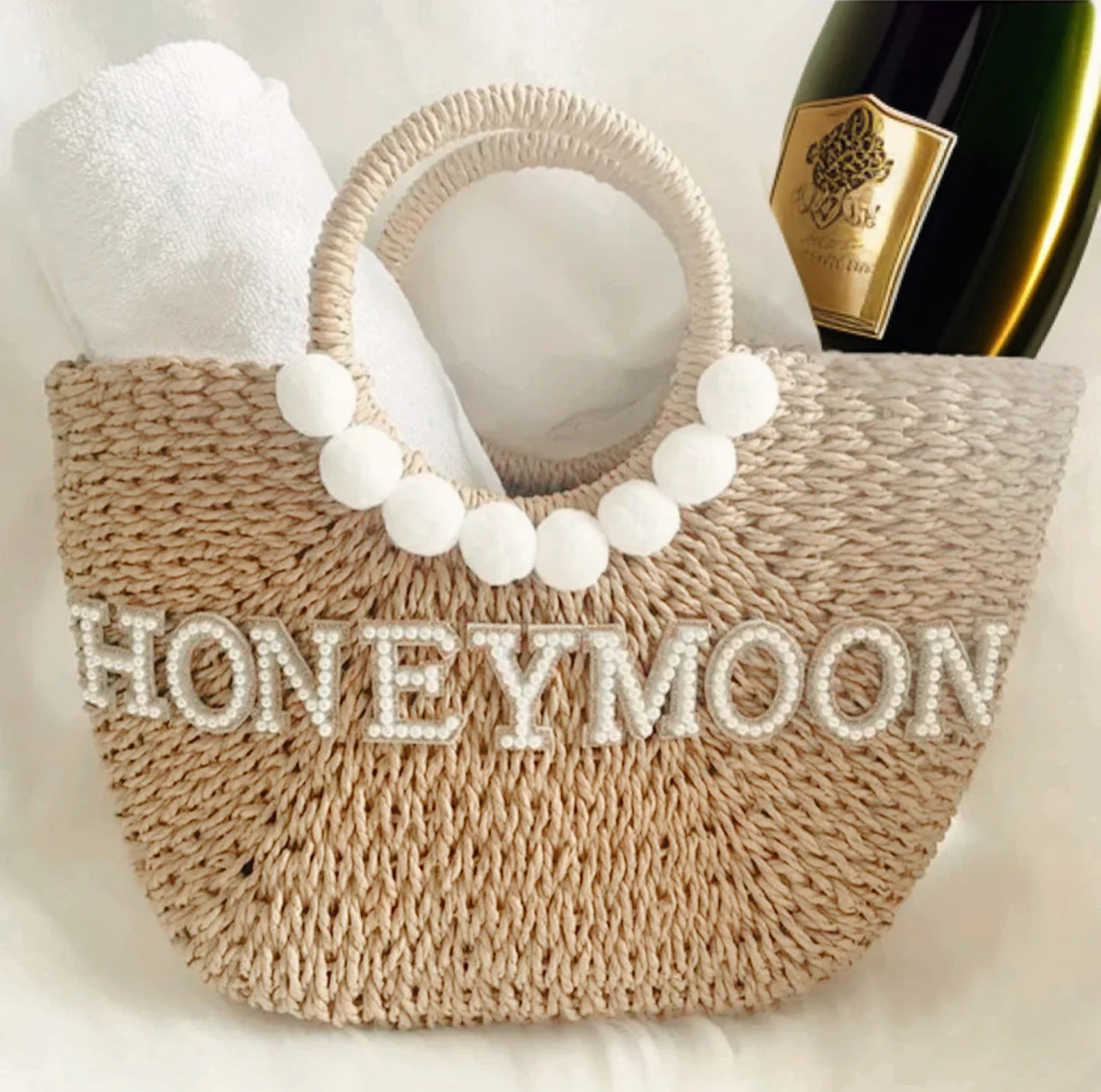 Honeymoon Straw Pom Pom Bridal Bag