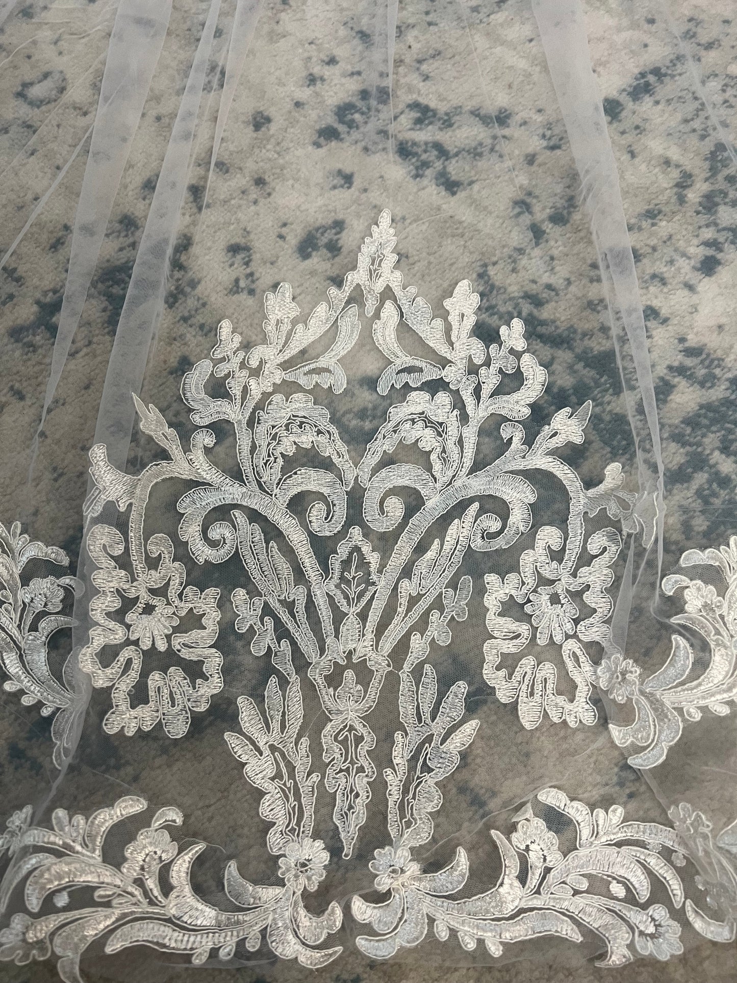Elegant Cathedral Length Sheer Tulle Wedding Veil Scalloped Intricate Lace Trim with Comb
