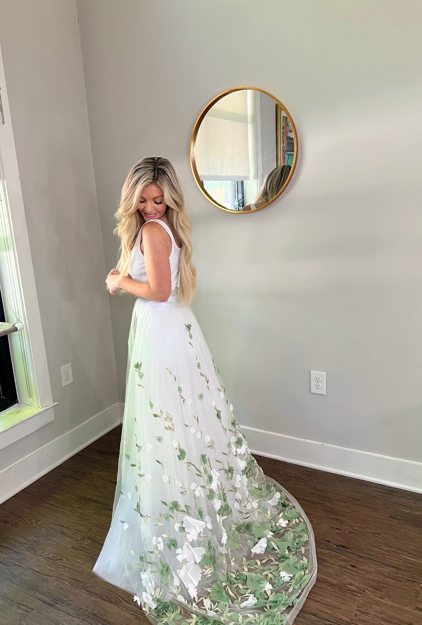 3D Green and White Garden Party Floral Appliqués Detachable Tulle Wedding Train Bridal Overskirt