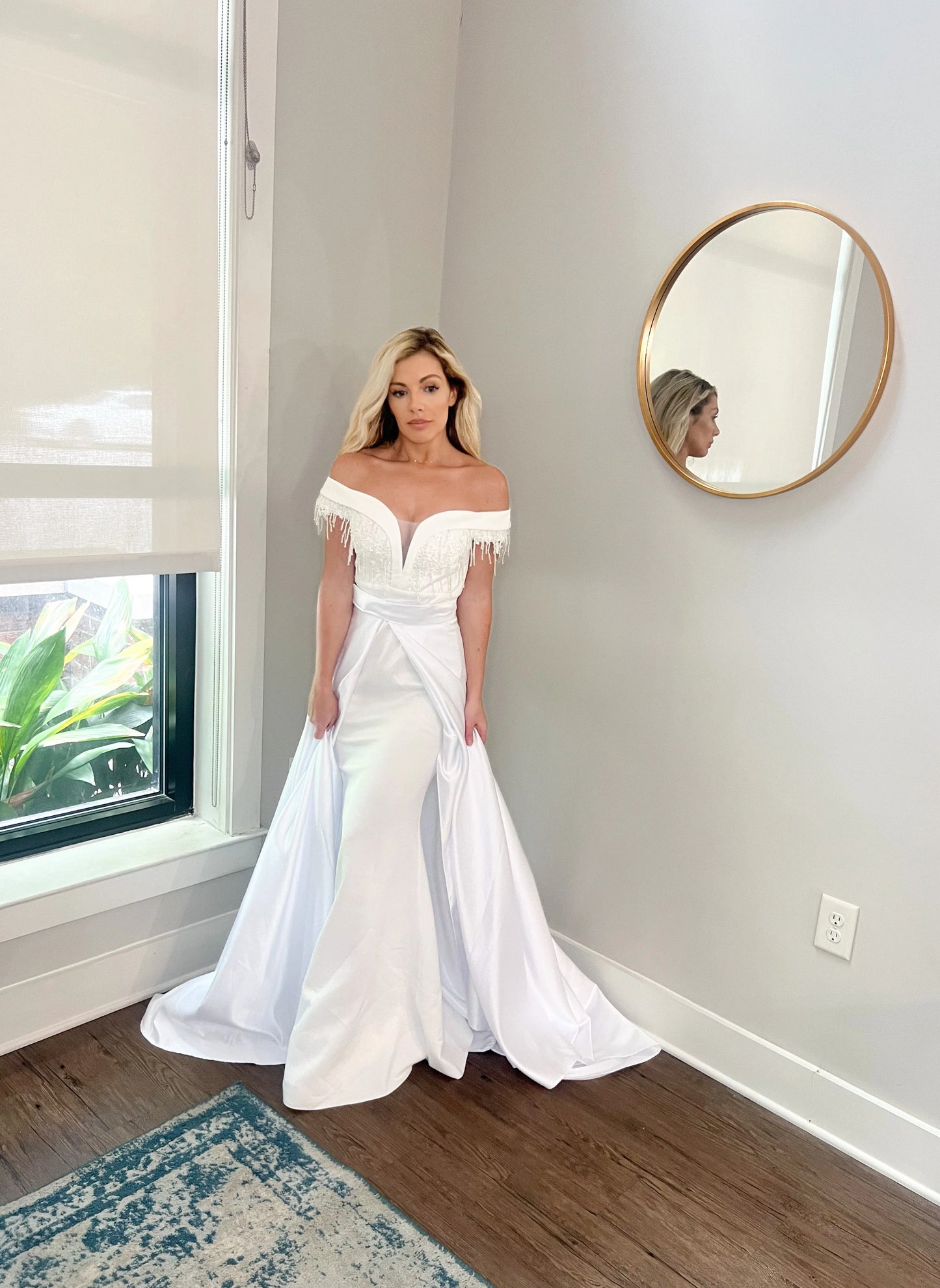 Appliques and Lace Deep V Wedding Dress with Off Shoulder Sleeves and Removable Satin Train Two Piece Set