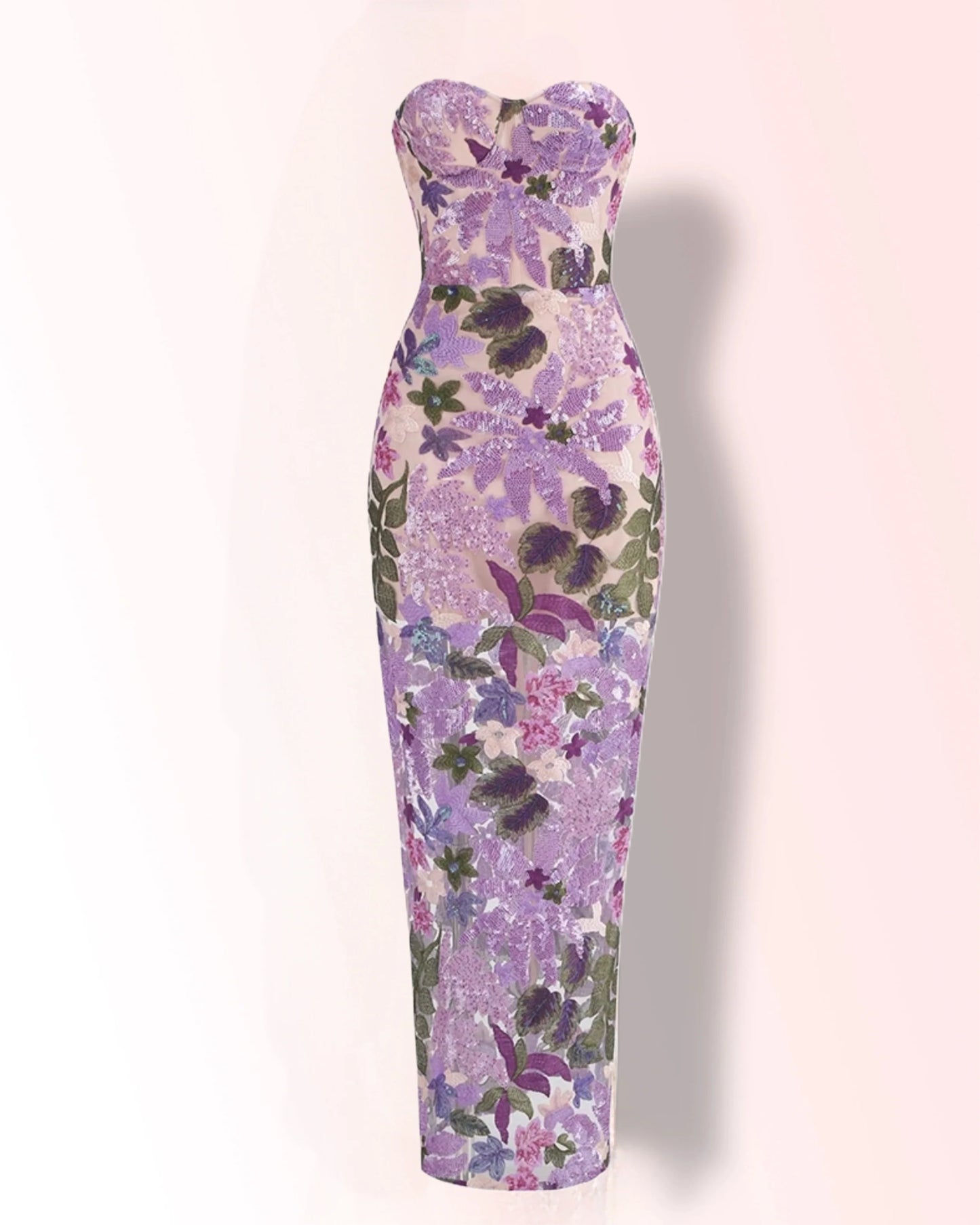 Lavender Sequin Floral Embellished Embroidery Midi Evening Gown