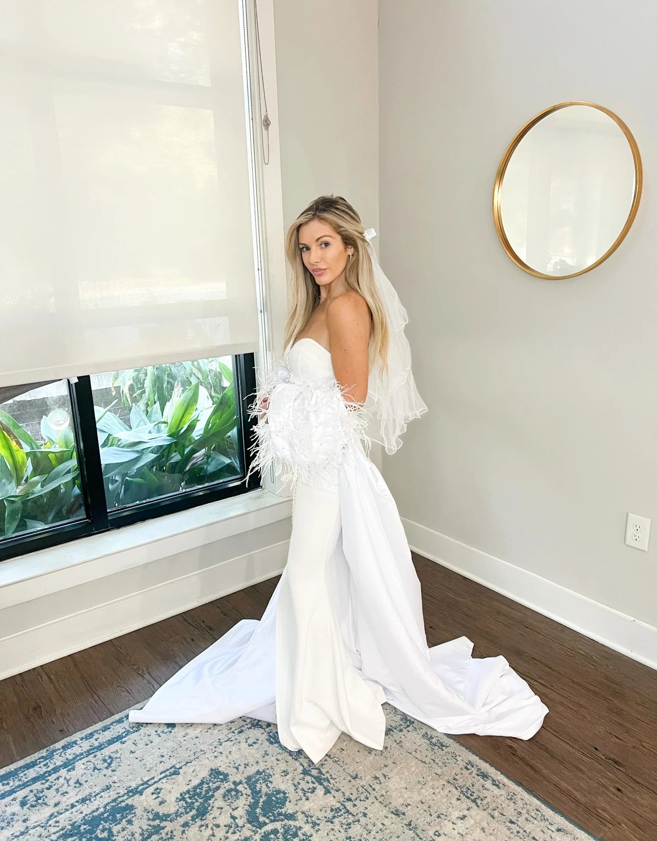 Luxurious Off-Shoulder Cathedral Length Wedding Jacket: Ostrich Feathers & Pearl Sleeves