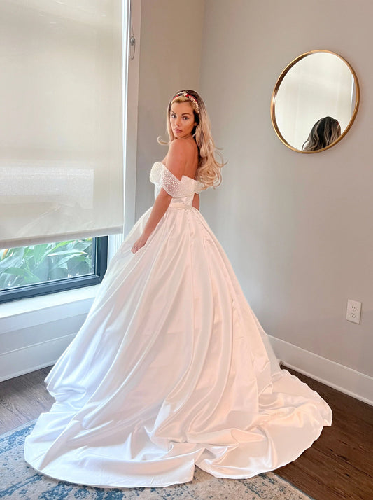Pearl Beaded Off Shoulder Wedding Ballgown