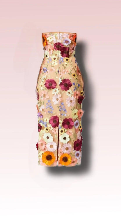 Strapless Wildflower Midi Dress - Chic 3D Floral Cocktail Attire or Wedding Guest Dress