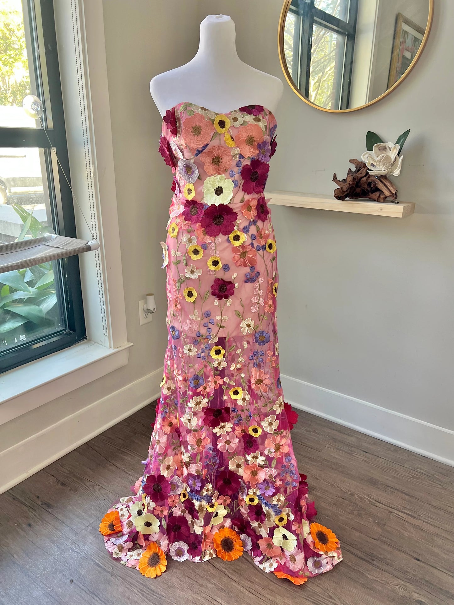 Pink Floral Embroidery Evening Gown