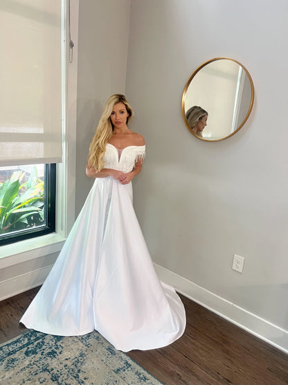 Appliques and Lace Deep V Wedding Dress with Off Shoulder Sleeves and Removable Satin Train Two Piece Set
