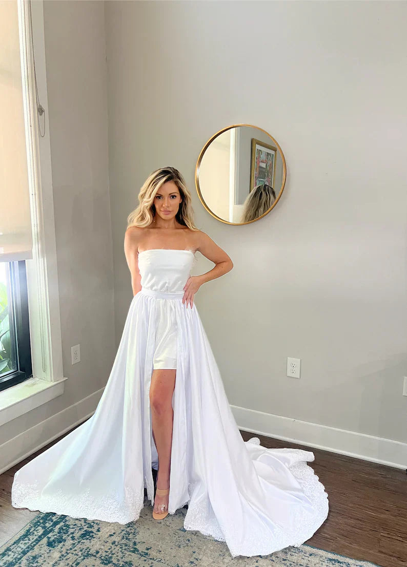Detachable Satin Wedding Train with Lace Embroidered Trim