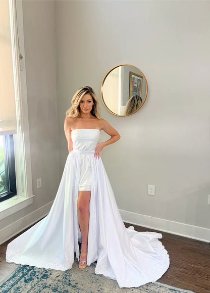 Detachable Satin Wedding Train with Lace Embroidered Trim