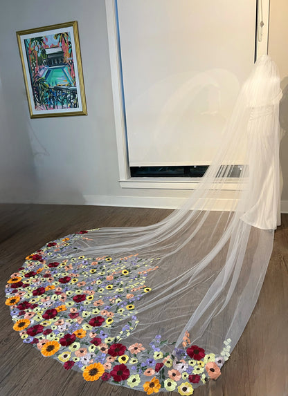 Colorful 3D Flowers Unique Long Wedding Veil