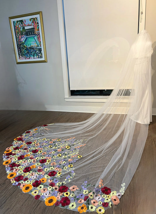 Colorful 3D Flowers Unique Long Wedding Veil
