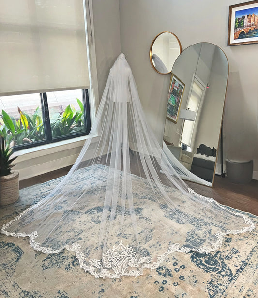 Elegant Cathedral Length Sheer Tulle Wedding Veil Scalloped Intricate Lace Trim with Comb