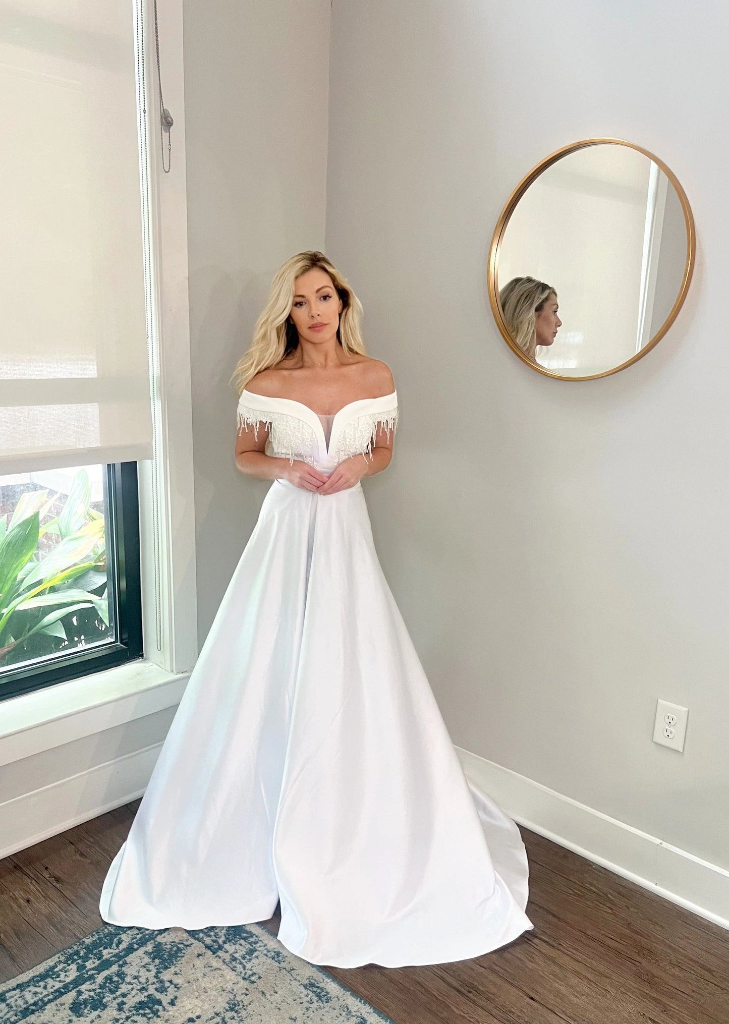 Appliques and Lace Deep V Wedding Dress with Off Shoulder Sleeves and Removable Satin Train Two Piece Set