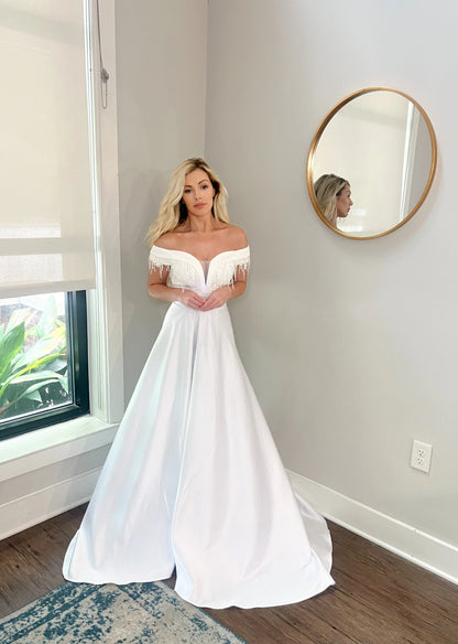 Appliques and Lace Deep V Wedding Dress with Off Shoulder Sleeves and Removable Satin Train Two Piece Set