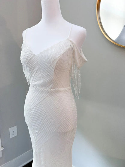Old Hollywood Beaded Sequin Off Shoulder Trumpet Wedding Dress