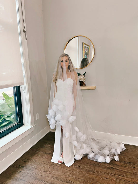 Romantic Tulle Flowers Cathedral Length Wedding Veil