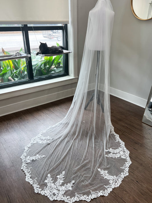 Beautiful Floor Length One Tier Tulle Floral Lace Embroidered Edge Bridal Veil