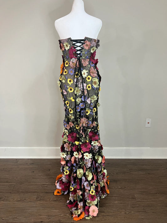 3D Flowers Black Tie Evening Gown Wedding Guest Dress