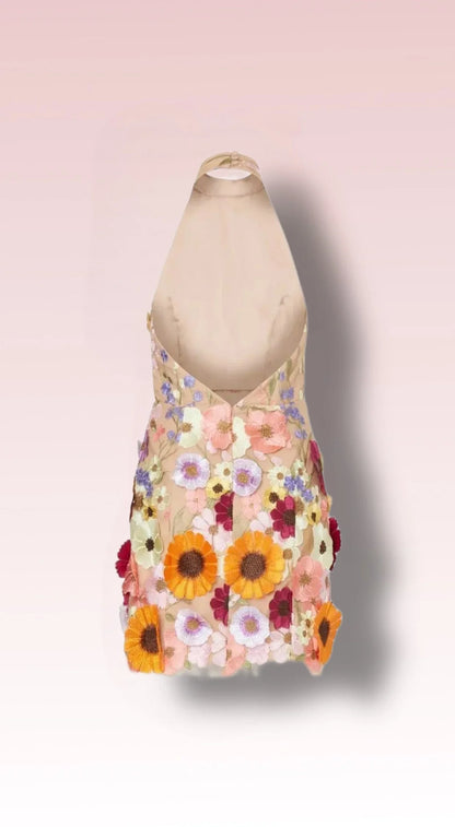 Mini 3D Flower Embroidery Halter Cocktail Spring Summer Dress
