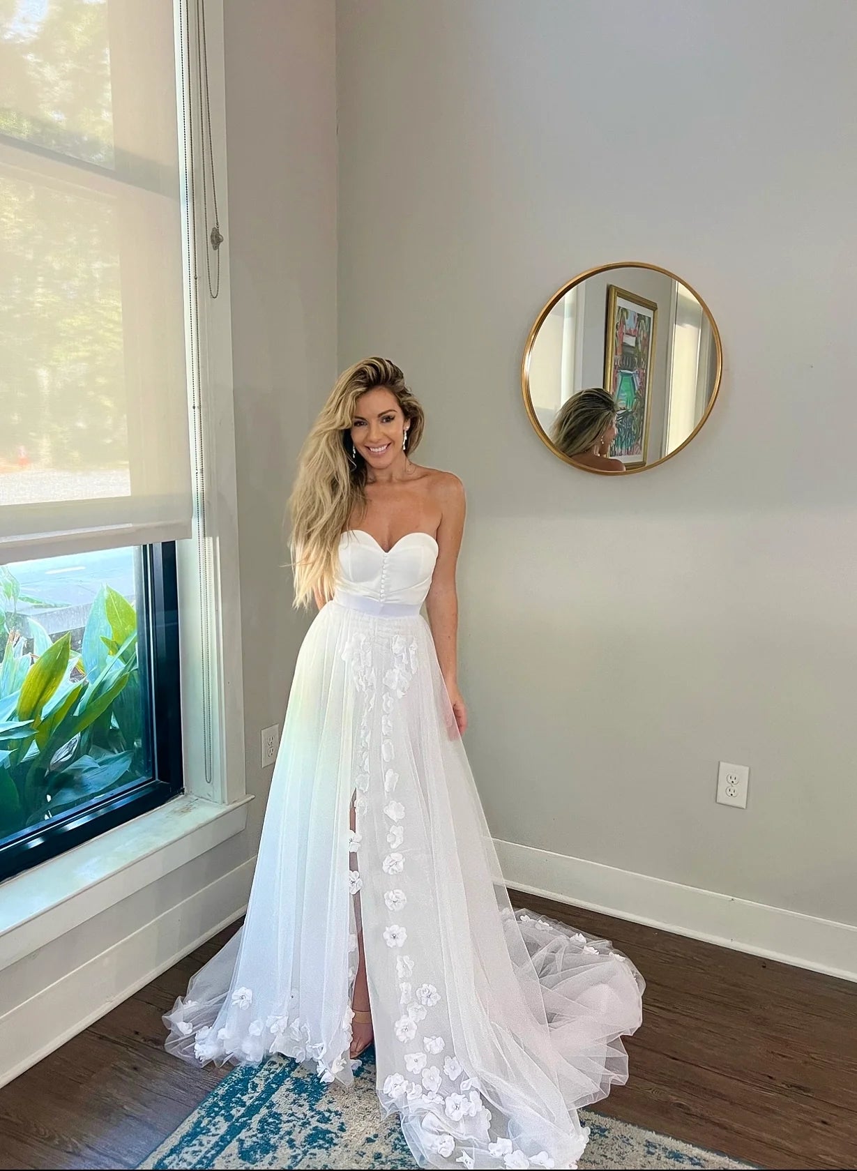 Sweetheart Neckline Wedding Dress with 3D Flower Overskirt